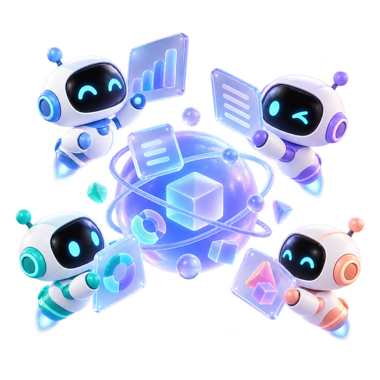 围绕玻璃星球协作的 AI 机器人